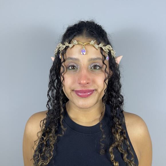 Gold Elf Fairy Tiara with Iridescent Gem & 4 Elf Ears Halloween Cosplay Princess - Picture 8 of 12